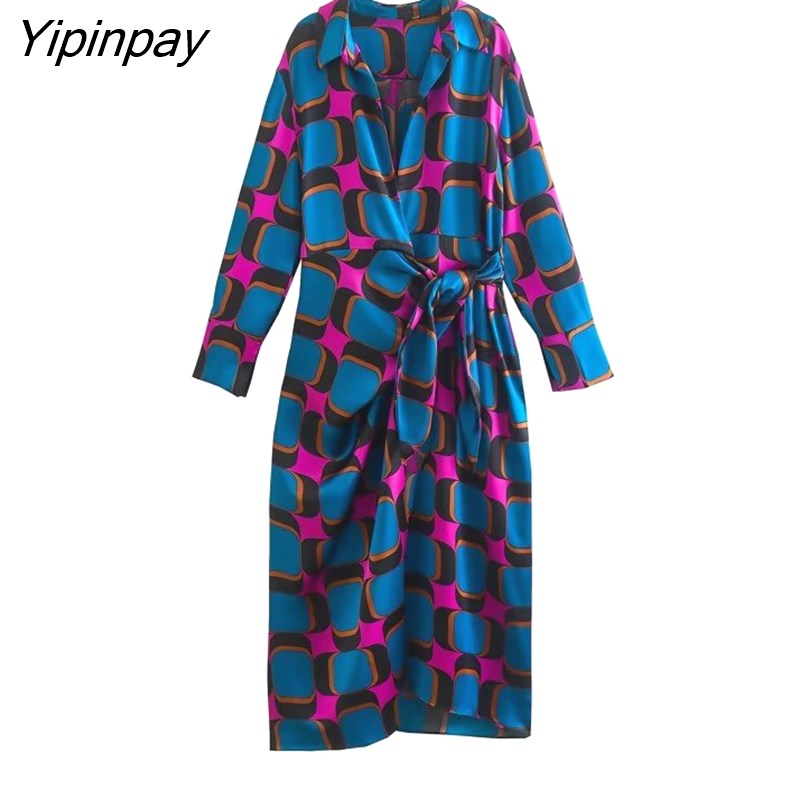 Yipinpay 2023 Spring Autumn Elegant Women Wrap Print Dresses Fashion Bow Mid-Calf DressTurn Down Collar Long Sleeve Vestidos