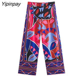 Yipinpay 2023 Summer Women 2PCS Print Blouses+Skirts Set New Turn Down Collar Long Sleeve Tops High Waist Dress Girl Outfits