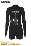 Yipinpay Chest Hollow Zipper Women One-pieces Jumpsuit Sexy Slim Solid Bodysuit 2023 Autumn Street Fashion Bottoming Clothing
