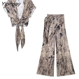 Yipinpay Fashion 2023 Spring Summer Printed Blouse Pants Sets Casual Short Sleeve Soft Bow Shirts Bow Wide Leg Pants Outwear