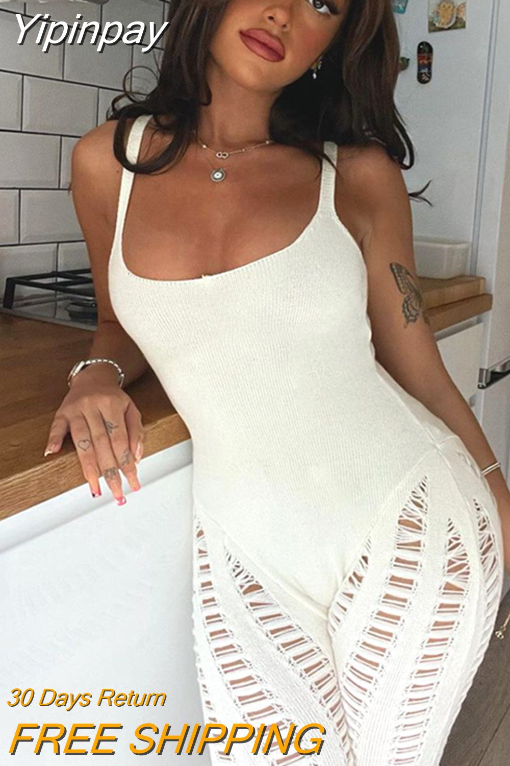 Yipinpay Knitted Sleeveless Jumpsuit Women Rompers Elegant Hollow Out Bodycon Jumpsuits Femme Summer One Piece Club Party Overalls