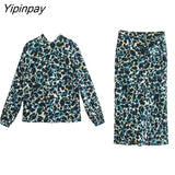 Yipinpay Women Printed Skirt Sets O-neck Long Sleeve Tops+Mid-Calf Straigh Skirts Sets 2023 Elegant Vintage Casual Sweater