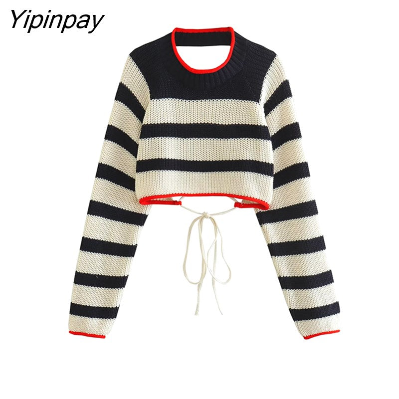 Yipinpay Fashion Women Striped Backless Knitted Sweater 2023 Bandage Long Sleeve O-neck Pullover Simple Causal Sexy Short Tops