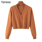 Yipinpay Summer Knitted Crop Cardigan Women Korean Short Sweater Long sleeve V neck Green Blue