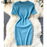 Yipinpay Women Korean Elegant Knitted Dress Short Sleeve O-neck Mini Dress Solid Elastic Slim Casual Summer Pencil Dress