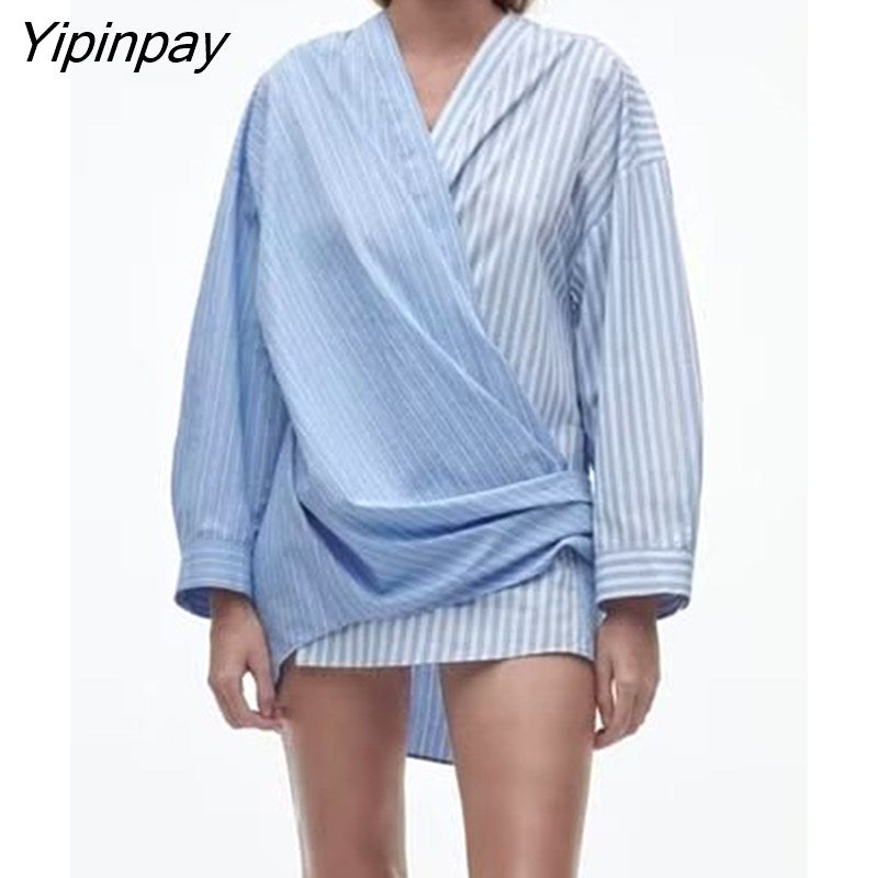Yipinpay Women Asymmetrical Striped Blouses Shirt Spring Causal V-Neck Long Sleeved Patchwork Tops With Lace Fashion T-Shirts