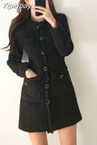 Yipinpay Button Mini Dress Long Sleeve a Line Jurk White Vintage Elegant Winter Black Office Korean Chic Fall 2023 Robe Femme